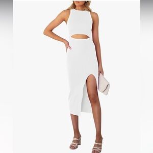 💜 White Bodycon Midi Dress with Cutout in Ribbed fabric